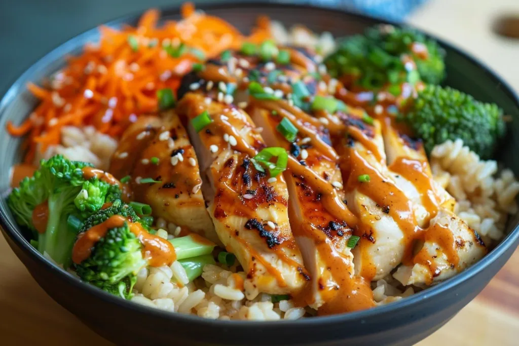 Delicious Maple Dijon Chicken Bowl with vibrant vegetables and sauce