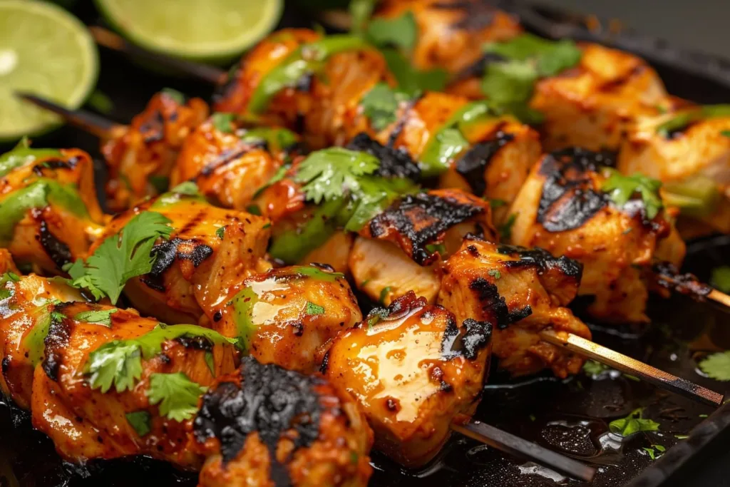 Mexican barbecue chicken skewers on the grill with colorful vegetables