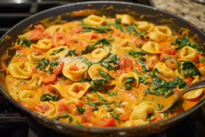 One pot creamy spinach tomato tortellini served in a bowl