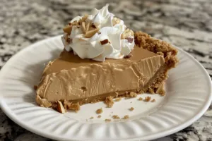 Delicious Peanut Butter Pie topped with whipped cream and chocolate drizzle