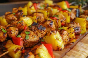 Pineapple grilled chicken kebabs served on a plate with colorful veggies.