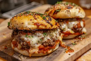 Delicious pizza burger with melted cheese and toppings on a bun