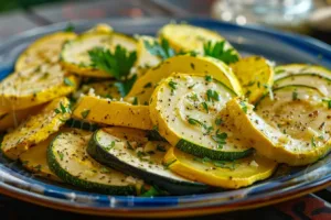 Roasted garlic parmesan zucchini and squash medley on a serving plate