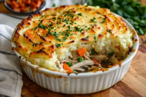 Rotisserie chicken shepherd's pie topped with mashed potatoes