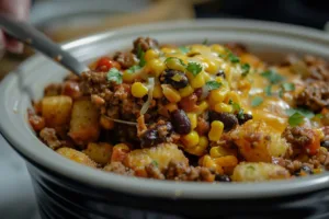 Delicious slow cooker cowboy casserole topped with cheese and garnished with herbs.