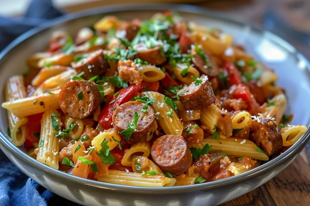Plate of Spicy Cajun Sausage Pasta garnished with parsley