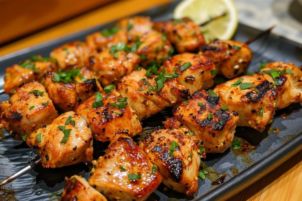 Delicious tender chicken skewers on a grill, seasoned and ready to serve.