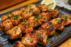 Delicious tender chicken skewers on a grill, seasoned and ready to serve.