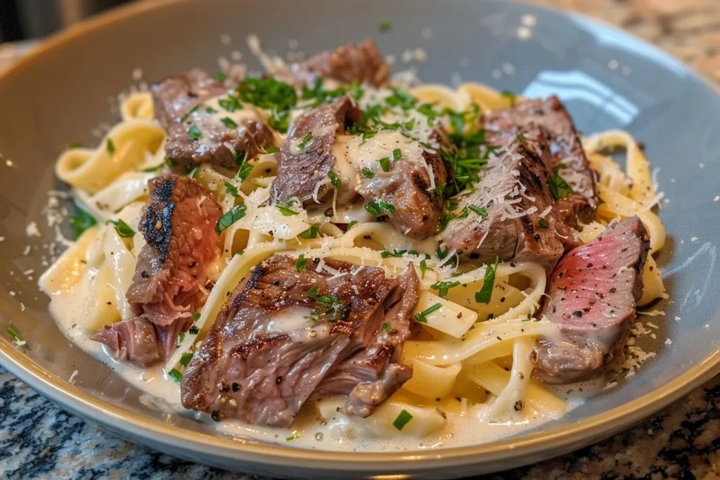 Creamy garlic butter steak bites served with pasta in a delicious meal.