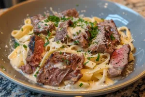 Creamy garlic butter steak bites served with pasta in a delicious meal.