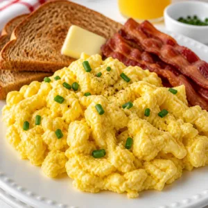 Delicious fluffy scrambled eggs in a skillet, perfectly cooked and creamy.