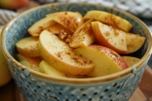 Delicious air fryer apples served in a bowl, topped with cinnamon.