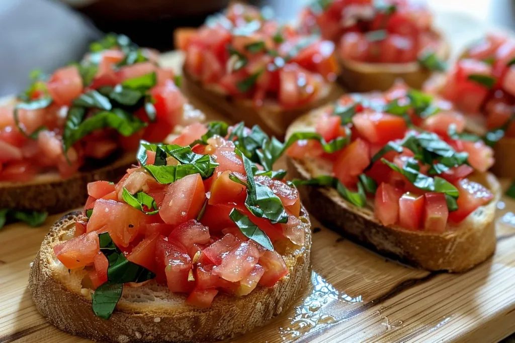 Plate of authentic Italian bruschetta topped with tomatoes, basil, and garlic.