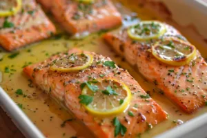 Baked salmon fillet topped with lemon butter cream sauce on a plate