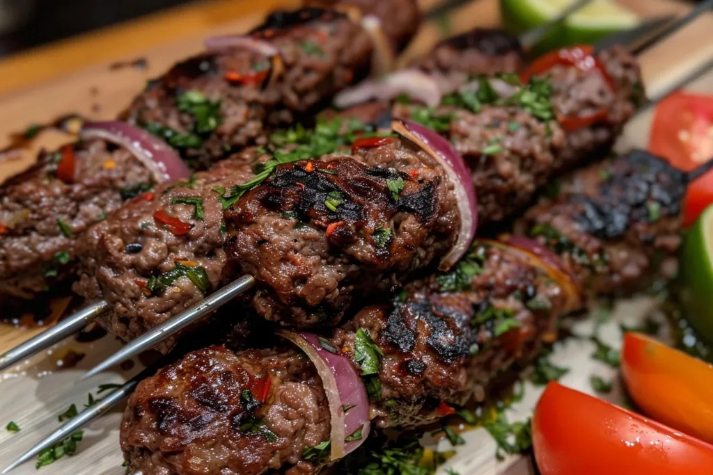 Deliciously grilled Beef Kafta Kebabs served with fresh veggies and sauce