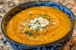 Bowl of the best butternut squash soup topped with fresh herbs