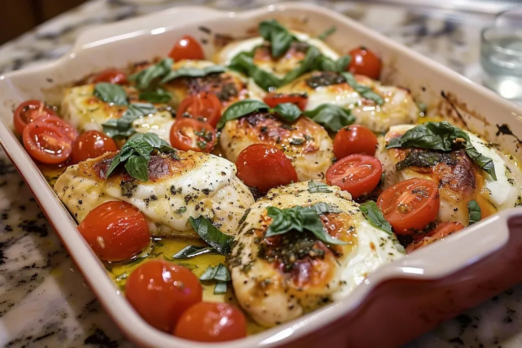 Delicious Caprese Chicken Casserole with basil, tomatoes, and melted cheese.
