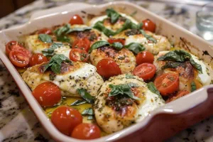 Delicious Caprese Chicken Casserole with basil, tomatoes, and melted cheese.