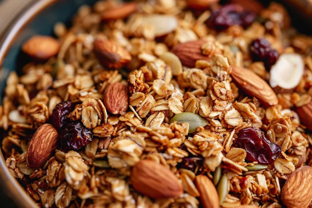 A bowl of delicious granola topped with fresh fruits and nuts.