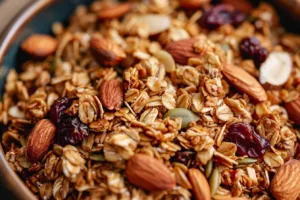 A bowl of delicious granola topped with fresh fruits and nuts.