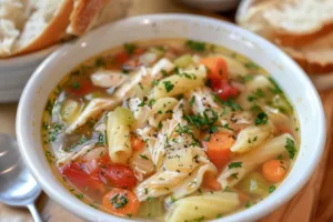 Delicious bowl of Italian Penicillin Soup with pasta and chicken