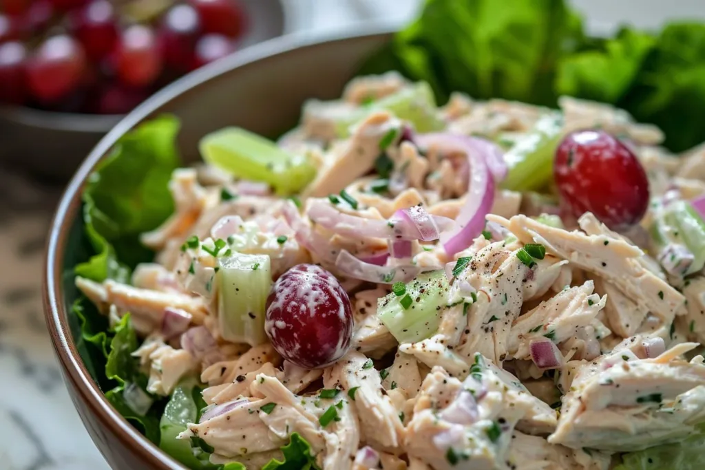 Delicious best rotisserie chicken salad with fresh vegetables and dressing