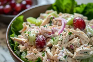 Delicious best rotisserie chicken salad with fresh vegetables and dressing