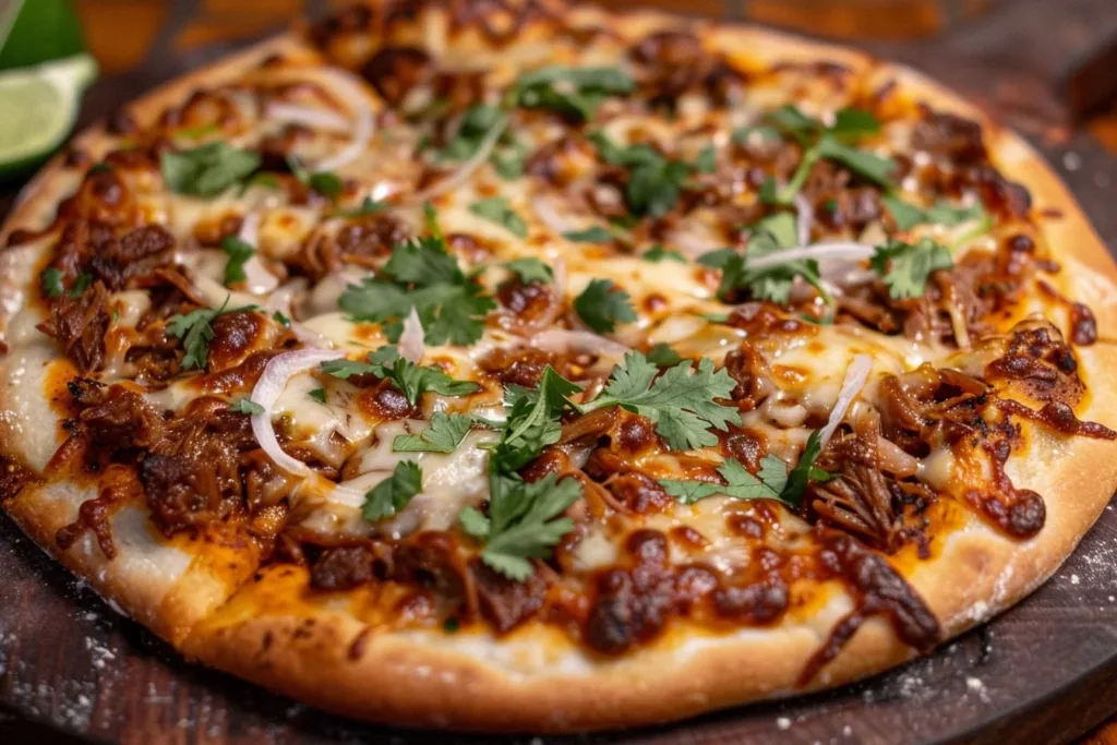 Delicious Birria Pizza topped with savory meat and melted cheese