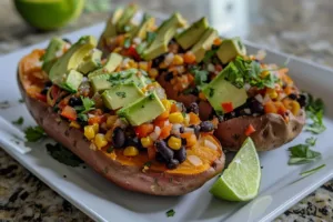 Black bean stuffed sweet potatoes topped with fresh herbs and spices.