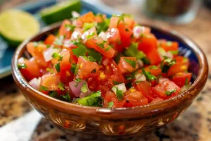 Fresh tomatoes blended into salsa, perfect for summer dips and parties.