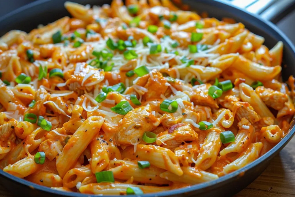 Delicious Buffalo Chicken Pasta served in a bowl with creamy sauce and garnishes.