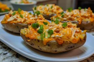 Buffalo Chicken Twice Baked Potatoes topped with cheese and green onions