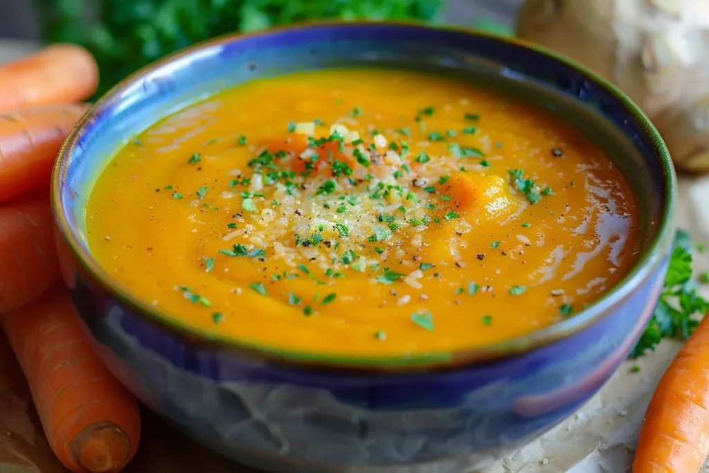 Bowl of carrot soup with ginger and turmeric garnished with fresh herbs.