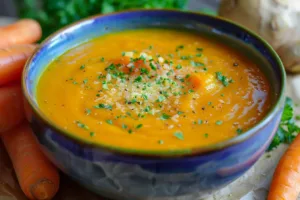 Bowl of carrot soup with ginger and turmeric garnished with fresh herbs.