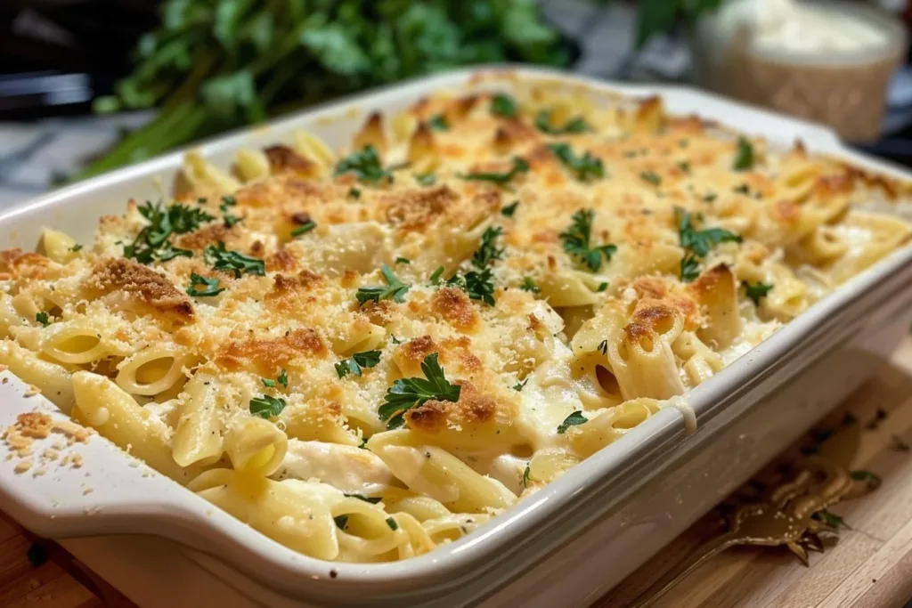 Delicious Chicken Alfredo Pasta Bake Casserole topped with cheese