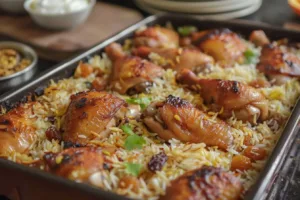 Plate of flavorful chicken and rice garnished with herbs and vegetables