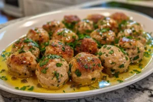 Plate of Chicken Piccata Meatballs garnished with parsley and lemon slices