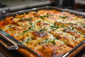 Delicious creamy Chicken Ravioli Bake topped with melted cheese, ideal comfort food.
