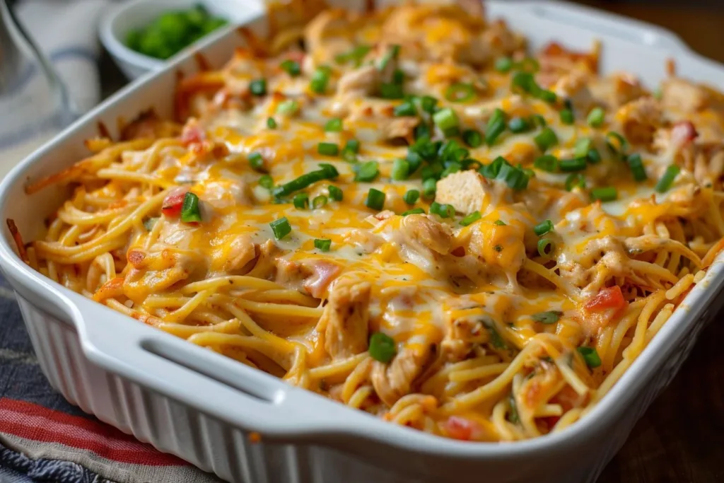 Delicious Chicken Spaghetti Casserole topped with cheese and herbs