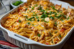 Delicious Chicken Spaghetti Casserole topped with cheese and herbs