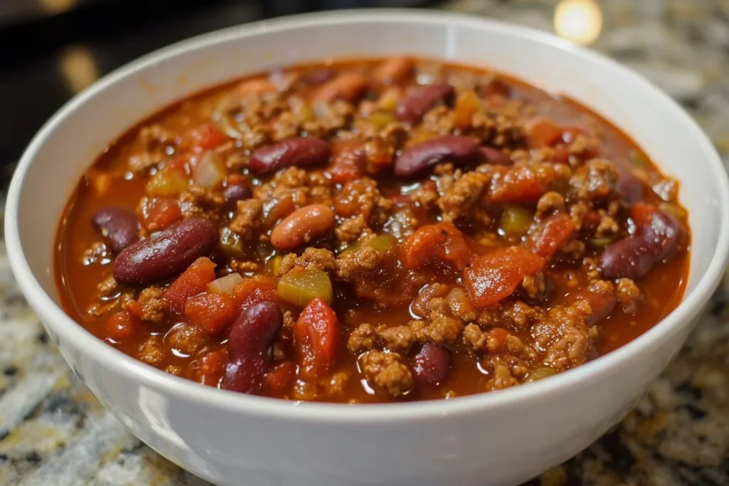 Delicious homemade chili served in a bowl, garnished with herbs and cheese