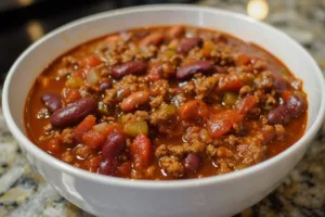 Delicious homemade chili served in a bowl, garnished with herbs and cheese