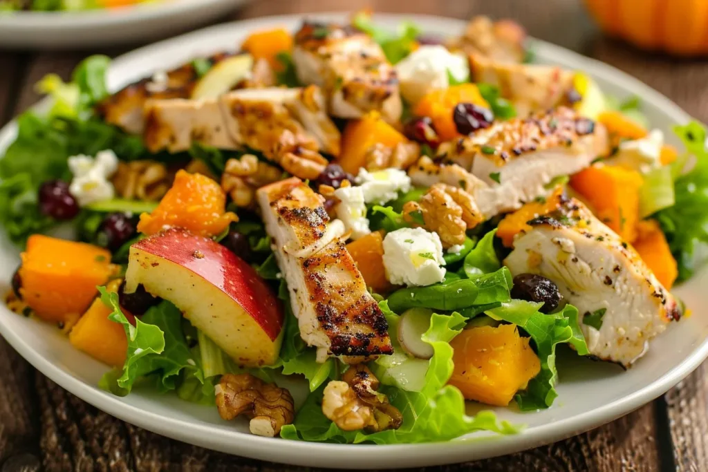 Chopped Fall Harvest Salad with Chicken topped with seasonal ingredients