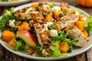 Chopped Fall Harvest Salad with Chicken topped with seasonal ingredients