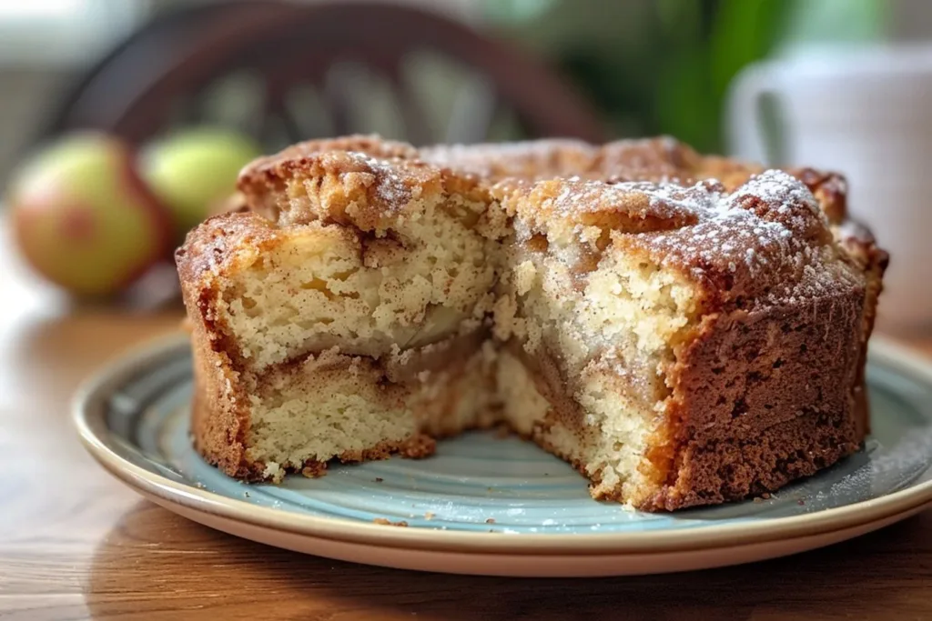 Delicious slice of Cinnamon Apple Cake topped with cinnamon and apple slices.