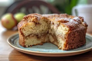 Delicious slice of Cinnamon Apple Cake topped with cinnamon and apple slices.