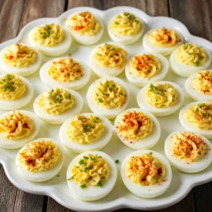Classic Deviled Eggs topped with paprika and served on a plate.