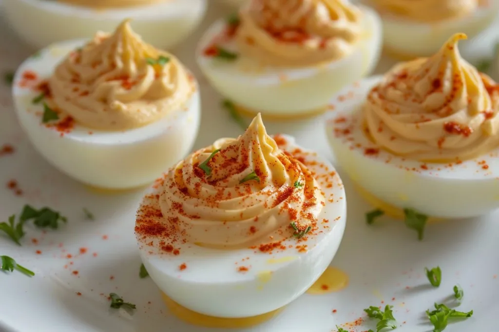 Classic deviled eggs topped with paprika, a perfect appetizer for any occasion.