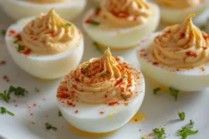 Classic deviled eggs topped with paprika, a perfect appetizer for any occasion.