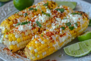 Colorful and flavorful classic Mexican street corn served on a wooden platter